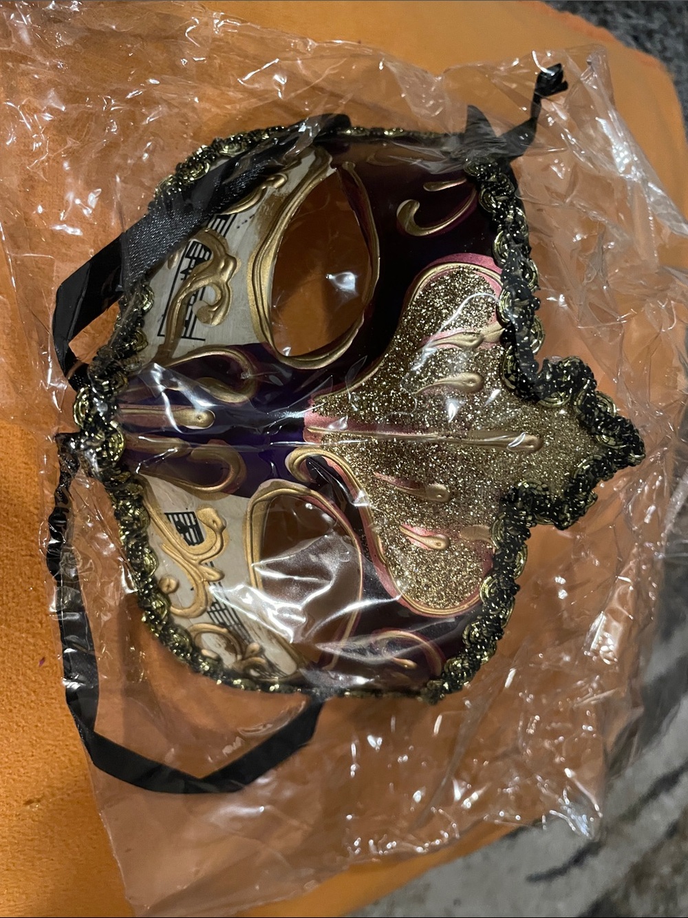 Gold & Purple Venetian Masquerade Mask with Black Trim